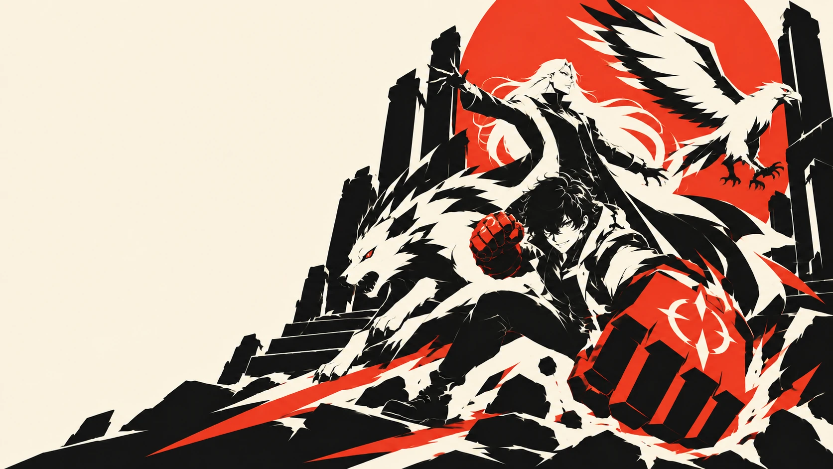 Ruinhand charges with a red rune gauntlet while Storm Shepherd commands an ivory hawk and wolf beneath a vermilion sun.